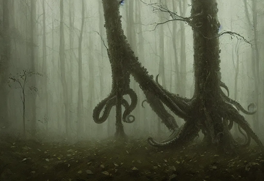 Prompt: an octopus in a dense forest, night, foggy, rain, gloomy, mysterious, artstation, jakub rozalski, high detail