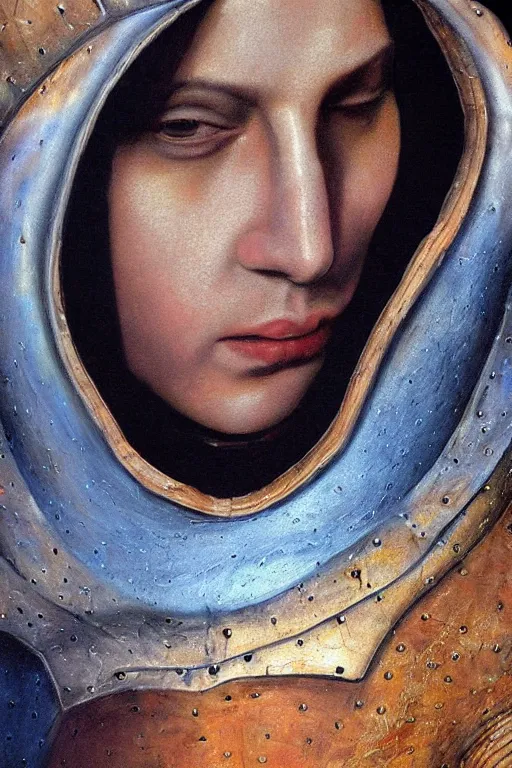 Image similar to hyperrealism oil painting, close - up portrait of face hiding in stingray medieval fashion model, knight, steel gradient mixed with nebula sky, in style of baroque mixed with 7 0 s book art