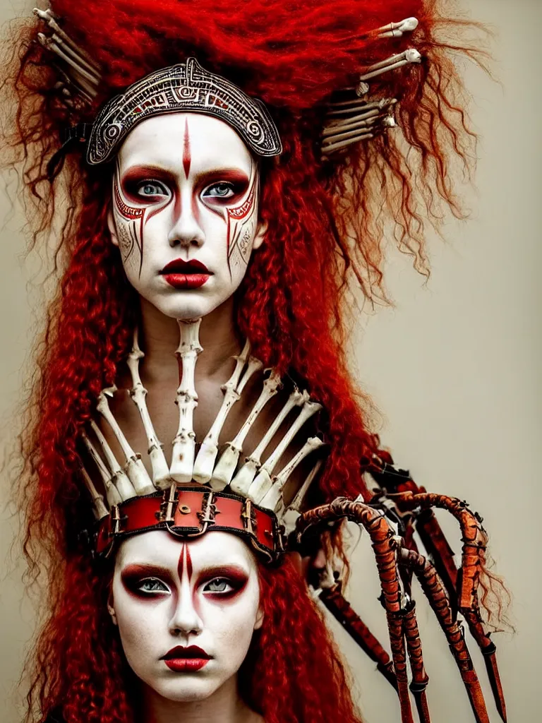 Image similar to a single fierce looking beautiful young woman warrior with curly red hair and symmetrical white makeup, wrapped in leather straps, wearing an intricate head dress made from bones and leather, painted by turner, intricate linework, radiant light, detailed and intricate environment