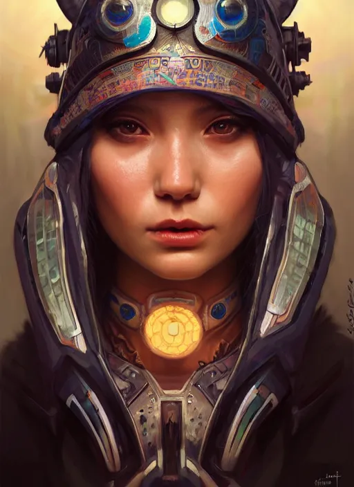 Image similar to portrait of cybertronic shaman beautiful girl, intrigante, bone headgear, headshot, highly detailed, digital painting, artstation, concept art, sharp focus, cinematic lighting, illustration, art by artgerm and greg rutkowski, alphonse mucha, cgsociety