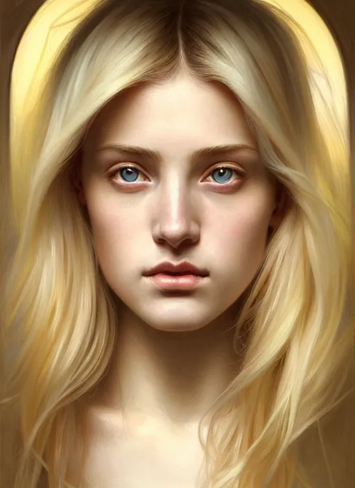 Prompt: beautiful symmetrical face, portrait of young woman blessed with ever - increasing physical and mental perfection, realism, blonde hair, perfect face!! intricate, elegant, highly detailed, vision of holy perfection!! digital painting, artstation, concept art, smooth, sharp focus, illustration, humanity, art by artgerm and greg rutkowski and alphonse mucha