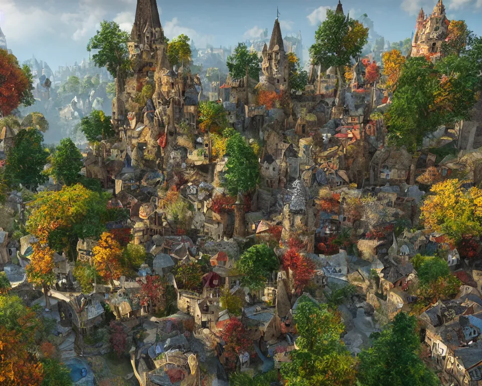 Prompt: colorful medieval city of the fae, built into trees and stone, fanciful, magical, unreal engine