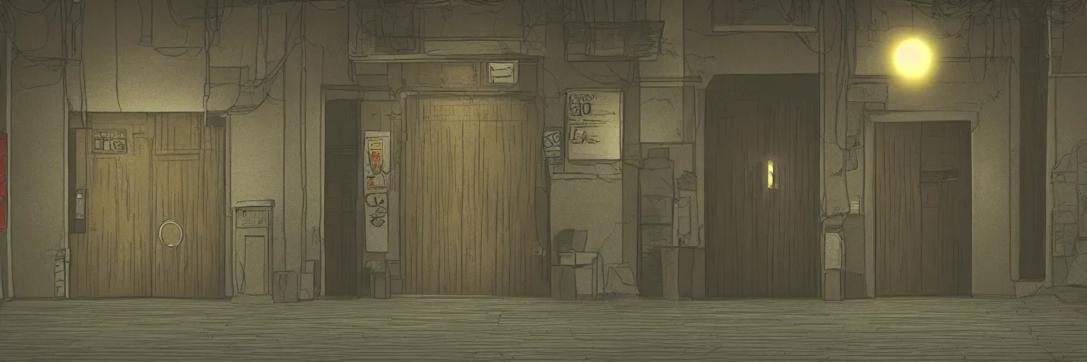 Prompt: door entrance to a building at night, game environment, in the style of Spirited Away (2001)
