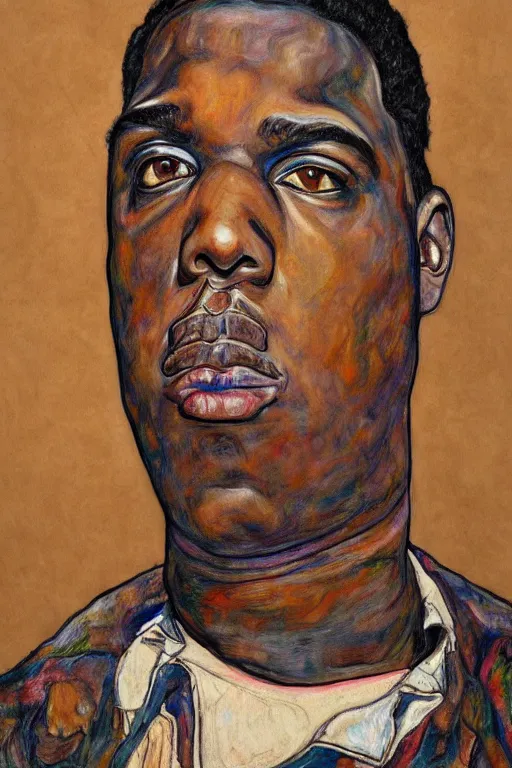 Image similar to a portrait of biggie smalls in style of egon schiele and herakut, masterpiece, hyperdetailed, complex, intricate, veiled, 4 k, 8 k, dynamic!!, trending on artstation