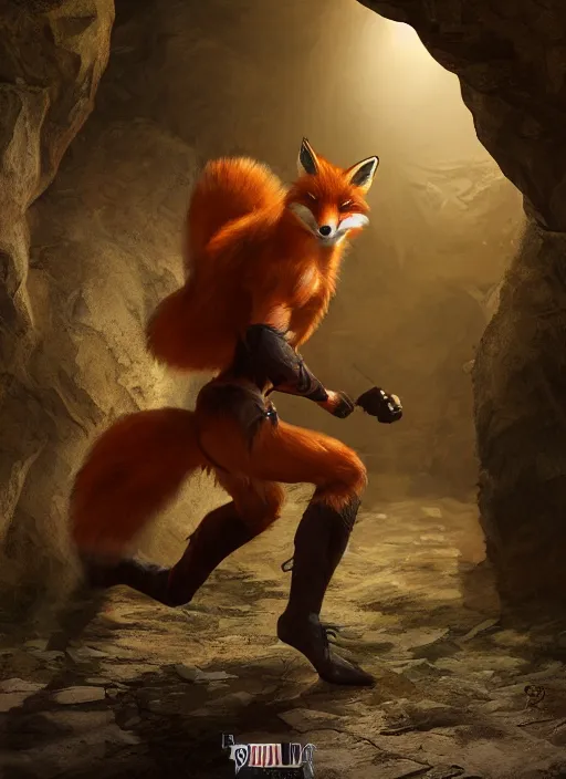 Image similar to A fantasy comic book style portrait painting of a fox person training martial arts in a cavern setting, unreal 5, DAZ, hyperrealistic, octane render, RPG portrait, ambient light, dynamic lighting