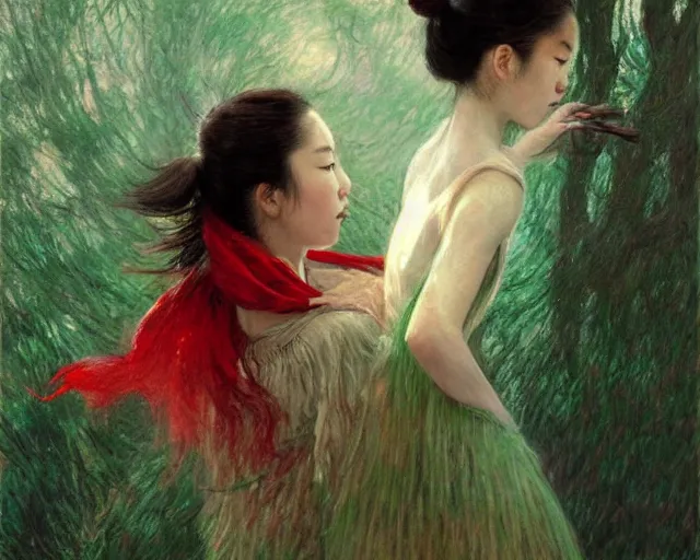 Image similar to a prima ballerina japanese art with a red scarf, medium long brown hair, green eyes, is looking at a bird, ethereal, horror, fantasy art by greg rutkowski and magali villeneuve and claude monet