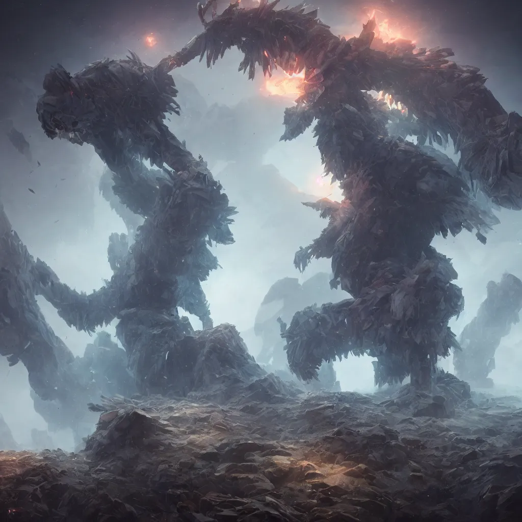 Image similar to make a giant crystal beasts by greg rutkowski, sung choi, mitchell mohrhauser, maciej kuciara, johnson ting, maxim verehin, peter konig, 8 k photorealistic, cinematic lighting, hd, high details, dramatic, atmosphereric, trending on artstation