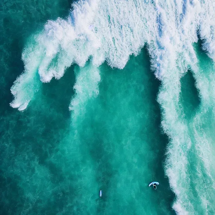 Image similar to an aerial perspective of a crystal clear bay, beach, turquoise ocean, photo - realistic, highly detailed, surfers surfing waves, serene