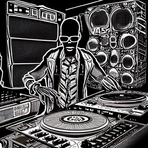 Prompt: intricate detailed artwork of a futuristic dj black coffee at an underground warehouse rave in south africa playing afro house music , in the style of Geof Darrow, no hair, vr sunglasses, beard, wires, speakers, neon