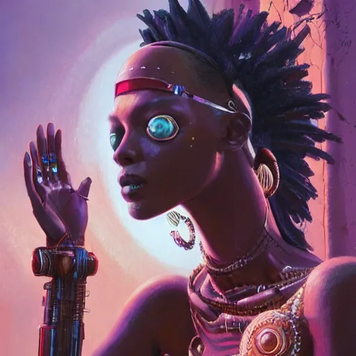 Prompt: an african queen activating her robotic third eye by greg rutkowski and android jones, cyberpunk voodoo, oil on canvas
