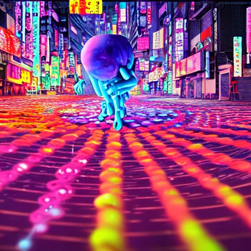 Image similar to giant colorful bright microbe and virus and dna and bacteriophage eat people in streets, neo - tokyo, realistic, 8 k, ultra detailed