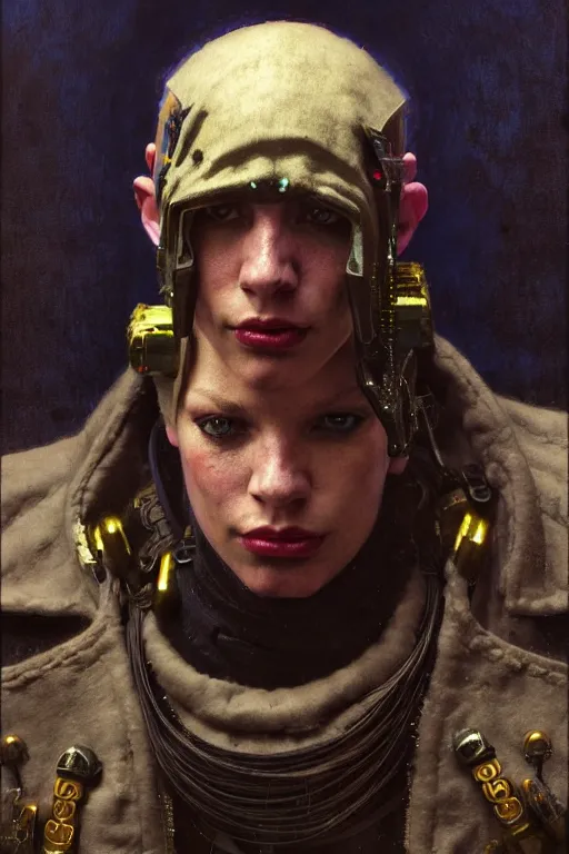 Image similar to full character portrait max mad cyberpunk warhammer 4 0 k, barbarian tech priest supersoldier not the girl with the pearl earring character design, painting by gaston bussiere, katsuya terada, nc wyeth, greg rutkowski, craig mullins, vermeer, frank frazetta, mucha, tom of finland, trending on artstation, jeffery catherine jones