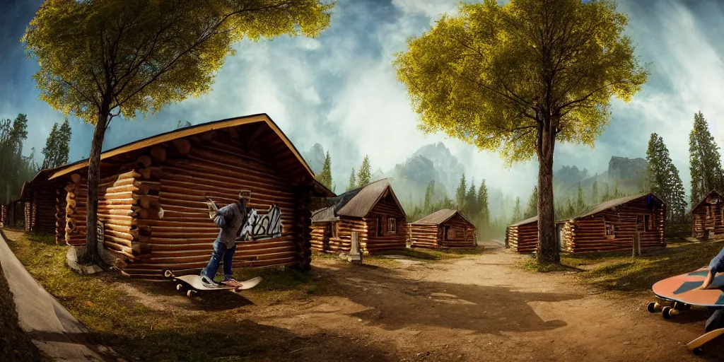 Image similar to a detailed beautiful matte painting of a skateboarder, kick flip, pilgrim village setting, log homes with graffiti, dirt road, trees by Mikko Lagerstedt and Raphael Lacoste, graffiti log homes with graffiti by Fintan Magee, fisheye lens