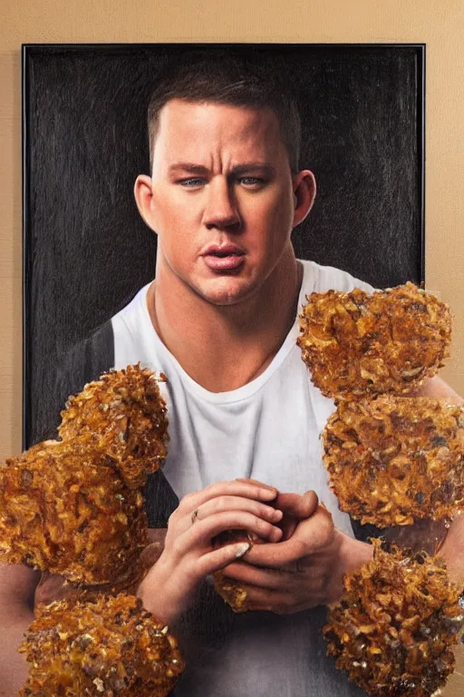 Image similar to channing tatum in a tater tot costume, oil on canvas, intricate, portrait, 8 k highly professionally detailed, hdr, cgsociety