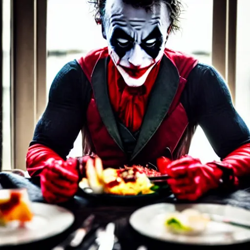 Prompt: heath ledger joker eating at a fancy restaurant with deadpool, 85mm f/1.4