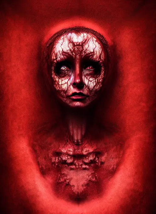 Prompt: dramatic dark red matte portrait painting of woman with black mandelbrot fractal instead of face, horror, body horror, dark art, 4 k, detailed, realistic, psychotic, insane, crazy, mental illness, dramatic,