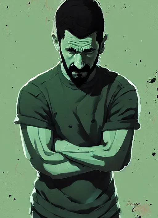 Image similar to highly detailed closeup portrait of very serious staring shia lebouf, flexing arms by atey ghailan, by greg rutkowski, by greg tocchini, by james gilleard, by joe fenton, by kaethe butcher, gradient green, black and white color scheme, grunge aesthetic!!! ( ( graffiti tag wall background ) )