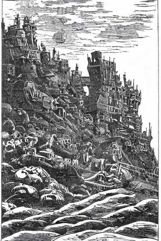 Prompt: 19th century wood-engraving of Howl's moving castle, whole page illustration from Jules Verne book, art by Édouard Riou Jules Férat and Henri de Montaut,, high quality, beautiful, highly detailed, removed watermarks