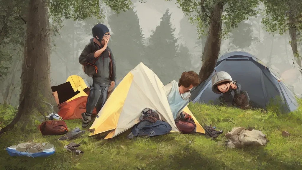 Image similar to an illustration of a drunk teenage kid on a camping, vomiting out his tent, parents standing outside angry, fisheye lens, high contrast, highly detailed, sharp focus, digital painting, 3 d art, illustration, trending on artstation,