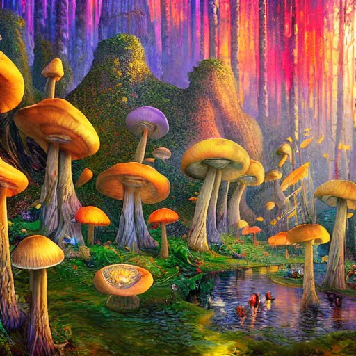 Prompt: lush ridge mushroom cryengine render depth of field fantasy hyper realism cinematic by lisa frank, antoni gaudi, john howe, alex grey, tristan eaton, john stephens, andreas rocha, leonid afremov