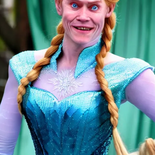 Prompt: Willem Dafoe as Elsa from Frozen, live action cosplay photograph
