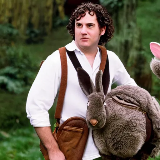 Image similar to surly clean shaven pudgy British lad with short curly dark brown hair as a hobbit wearing a white men's crossbody sling chest bag and blue vest standing next to a giant rabbit, blue vest! white crossbody chestbag! high resolution film still, movie by Peter Jackson