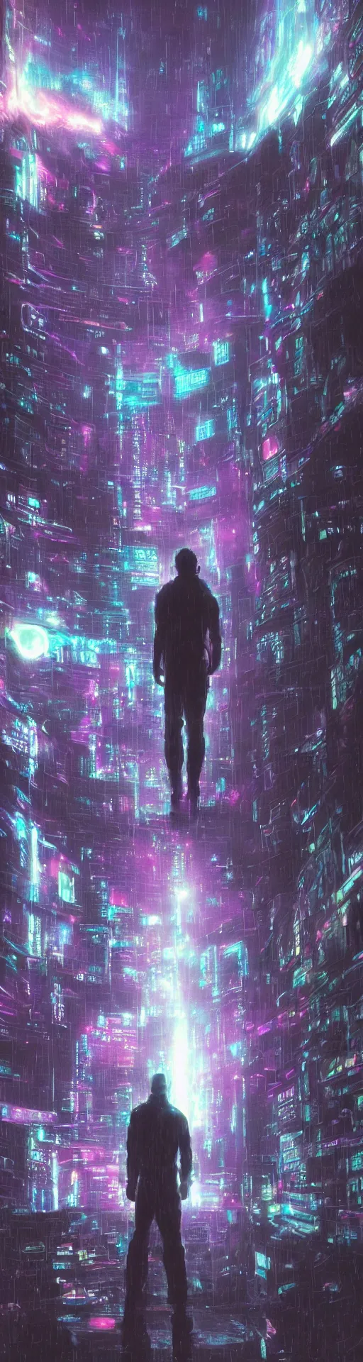 Image similar to one cyber godly person made of cosmic nebula galaxy energy watching a rainy colorful complex cyberpunk futuristic holographic city from behind at night through a window in a room, akira, reflections, 8 k, photorealistic, concept art, wet, highly detailed, cinematic mood by ridley scott, ghost in the shell, trending on artstation, glowing and epic