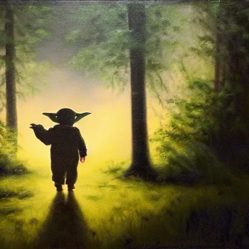 Prompt: high - angle view, shot from 5 0 feet distance, baby yoda strolls on a well lit path in a dimly lit forest. dramatic clouds, setting sun. oil on canvas painting, light, shadow, contrast, detailed, depth, volume, chiaroscuro, drama, quiet intensity, serene.