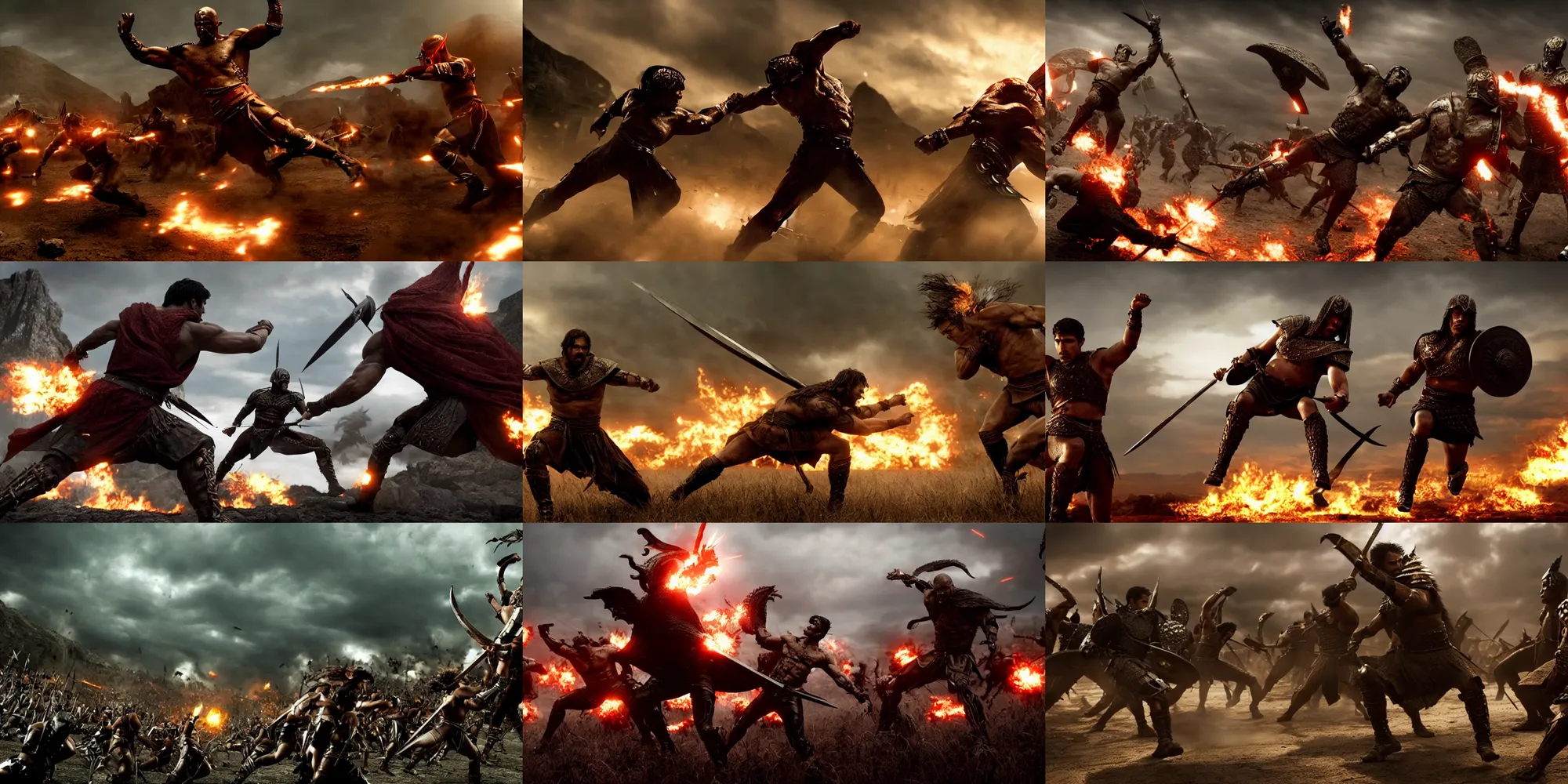 Image similar to epic battle screen of hero, film still from the movie'3 0 0'( 2 0 0 6 ), 3 d, 8 k realistic, cryengine, playstion 5 screen, cinematic lighting