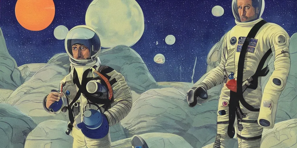 Prompt: a portrait of stallone pilot in spacesuit on roof over field forrest spaceship station landing laying lake artillery outer worlds in FANTASTIC PLANET La planète sauvage animation by René Laloux