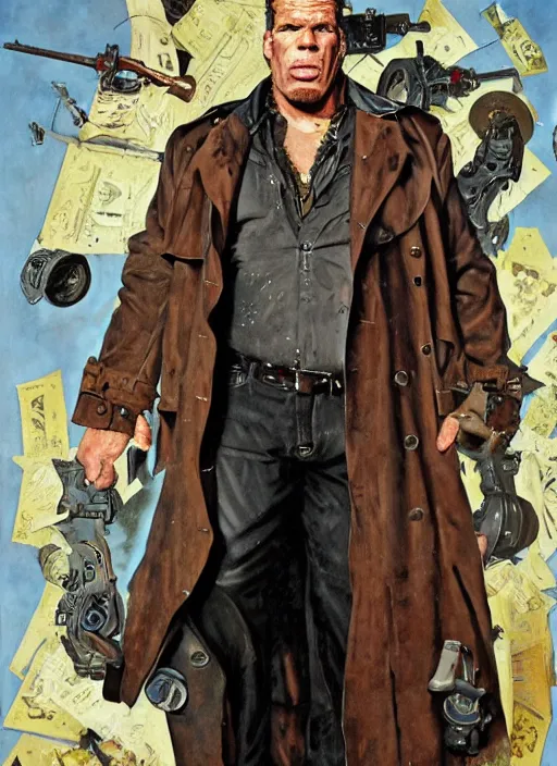 Prompt: full body and head portrait of huge ron perlman rich piana hybrid in tattered suit and trench coat, dynamic action, painted by norman rockwell and phil hale and greg staples and tom lovell and frank schoonover and jack kirby