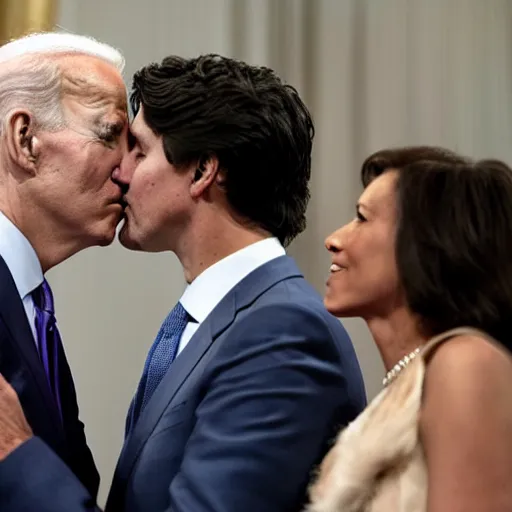 Prompt: justin trudeau kissing joe biden, award winning photograph,