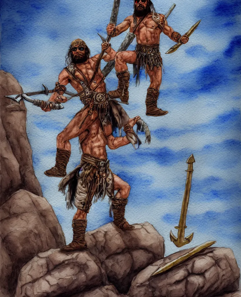 Image similar to randy savage with an anchor weapon slung over his shoulder and foot heroically on a boulder posing alone in desolate wasteland | portrair | fantasy watercolour painting | middle earth | conan | darksun | d & d dungeons and dragons | barbarian