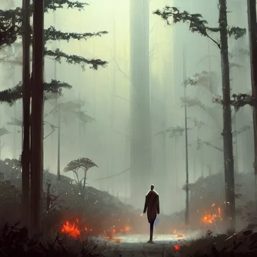 Image similar to concept art by greg rutkowski, a very tall and slender young man walking with a very tall and slender woman through a forest of giant trees, dark atmosphere, surrounded by fireflies, detailed portraits, disturbing atmosphere, scifi, digital painting, artstation, concept art, smooth, sharp foccus ilustration, artstation hq