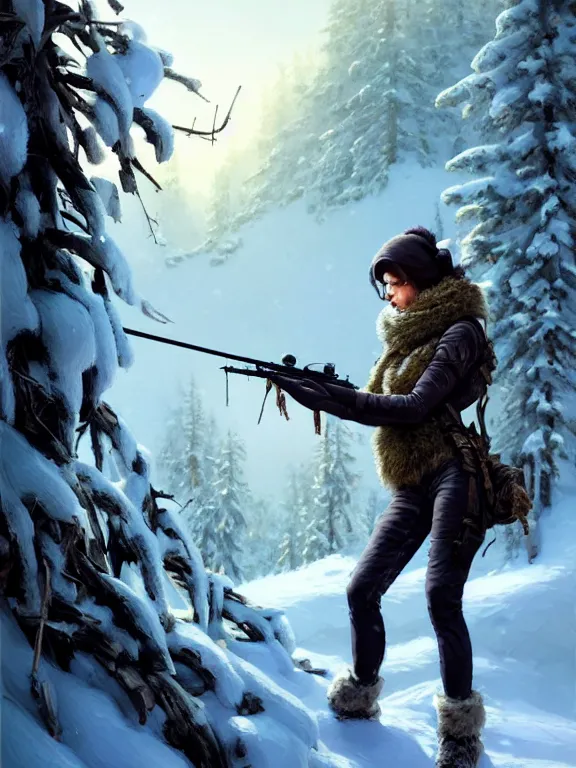 Image similar to a beautiful and aesthetic sniper huntress on the winter valley, aiming the sniper, toward to the camera, hunting the monsters, cynical, dramatic pose, intricate, highly detailed, detailed face, smooth, sharp focus, environmental light, rim light, artgerm, artstation, art by greg rutkowski, ilya kuvshinov, rossdraws, fantasy illustration