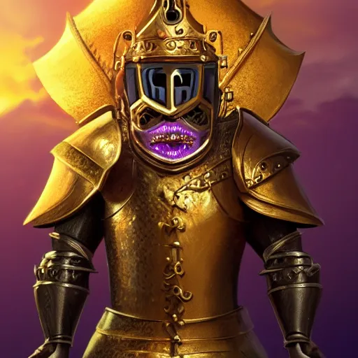 Image similar to a highly detailed knight with glowing purple eyes in a T golden helmet and a golden crown with a blue diamond in the center, golden armor, leather clothes under the armor, leather gloves, holds a black sword, artstation, DeviantArt, professional, octane render, sunset lighting