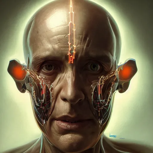 Image similar to centered front face portrait art illustration of an ultradetailed biomechanic evil neuronal cyborg, by greg rutkowski and Zdzisław Beksiński, mechanic, photorealistic, 8k, intricate, futuristic, dramatic light, trending on cg society