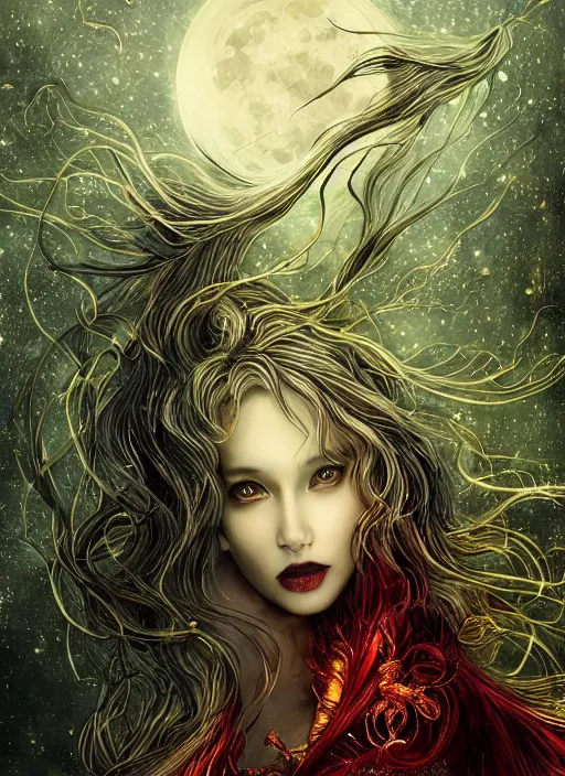 Image similar to glowing silver and golden elements, portrait, A beautiful dark witch in front of the full big moon, book cover, green forest, red white black colors, establishing shot, extremly high detail, foto realistic, cinematic lighting, pen and ink, intricate line drawings, by Yoshitaka Amano, Ruan Jia, Kentaro Miura, Artgerm, post processed, concept art, artstation, matte painting, style by eddie, raphael lacoste, alex ross