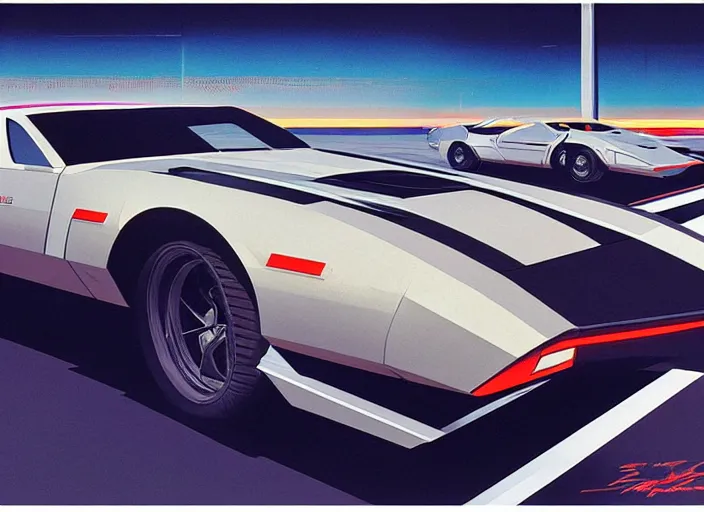 Image similar to syd mead concept art, raplh mcquarrie. kitt 1 9 8 2 pontiac trans am, mach 5 speed racer. style blade runner 2 0 4 9, retro, retro futurist. concept art by syd mead and star wars