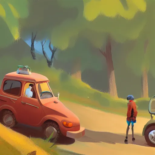 Prompt: goro fujita ilustration hikers parking the car in the forest, painting by goro fujita, sharp focus, highly detailed, artstation
