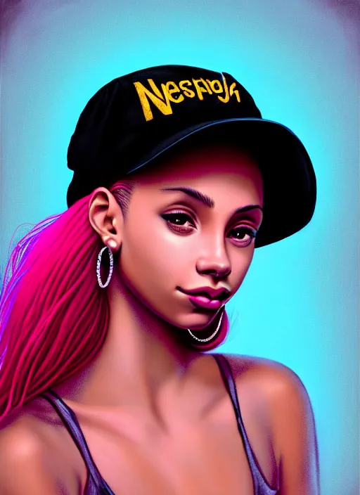 Image similar to portrait of teenage vanessa morgan with bright pink hair, black girl, vanessa morgan, curly pixie cut hair, wearing newsboy cap, newsboy cap, hoop earrings, intricate, elegant, glowing lights, highly detailed, digital painting, artstation, concept art, smooth, sharp focus, illustration, art by wlop, mars ravelo and greg rutkowski