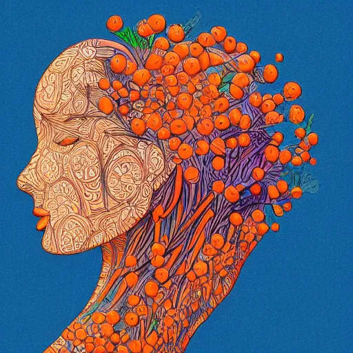 Image similar to a beautiful head of a woman made of carrots and blueberries, an ultrafine detailed illustration by james jean, intricate linework, bright colors, behance contest winner, vanitas, angular, altermodern, unreal engine 5 highly rendered, global illumination, radiant light, detailed and intricate environment