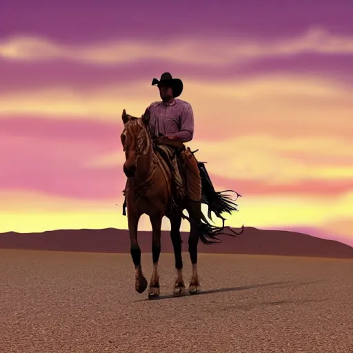 Prompt: m0istcritikal, but he's a cowboy, riding a horse through the desert, sunset, road, western, town