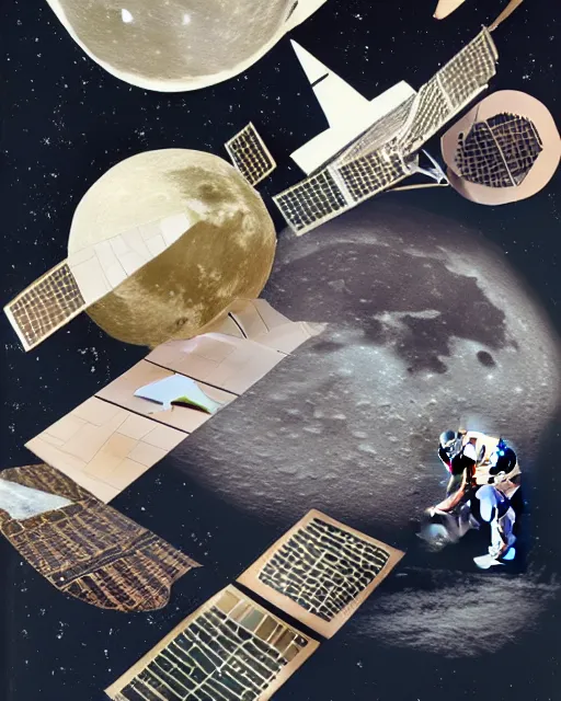 Image similar to A collage, made of random shapes cut from fashion magazines, of Space Travel, landing on the moon, mid-century modern.