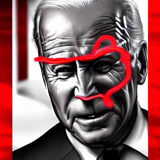 Prompt: joe biden with angry glowing red laser eyes. wrathful supervillain. laughter. science fantasy character concept art. best of artstation. ap photo.