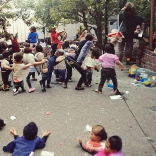 Image similar to wide - angle photograph of a group of toddlers rioting after listening to jordan peterson debate nap time, inside daycare center, jordan peterson as a toddler