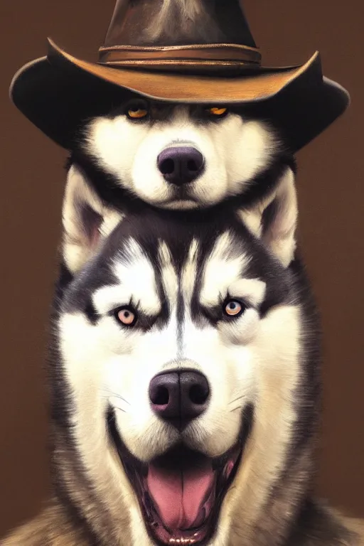 Prompt: a portrait painting of a husky in cowboy costume, wearing a cowboy hat, by rembrandt, humanoid, personify, anthropomorphic, trending on artstation