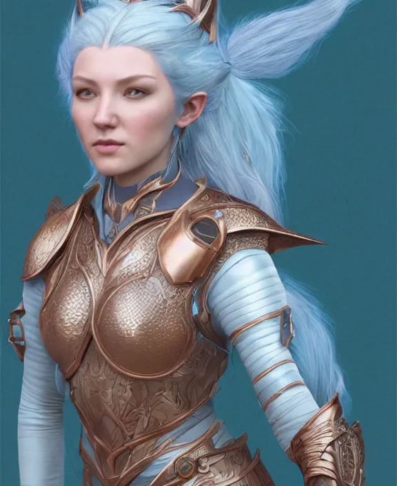 Prompt: a beautiful and highly detailed digital portrait of a dignified female elven paladin with blue hair in rose gold armor by jia ruan, clint cearley, and karol bak, centered, artsation contest winner, cgsociety, fantasy art, cryengine, concept art, photorealism, daz 3 d, sketchfab, zbrush, vray