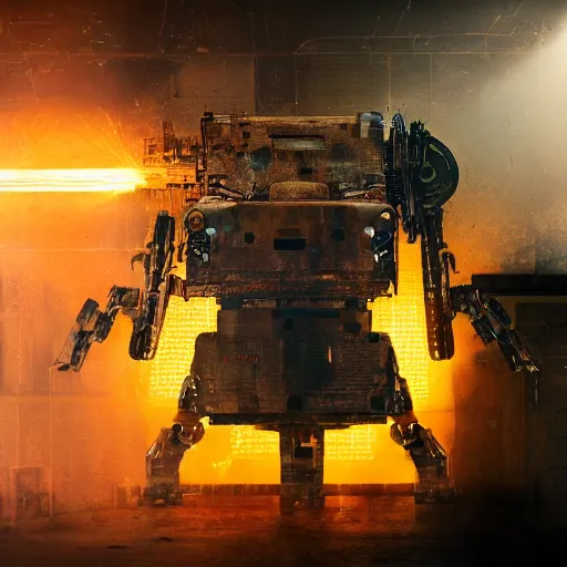 Image similar to toaster mecha head, dark messy smoke - filled cluttered workshop, dark, dramatic lighting, orange tint, sparks, cinematic, highly detailed, sci - fi, futuristic, movie still