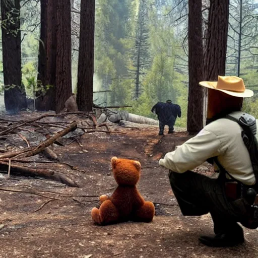 Image similar to smokey the bear watching his family being burnt alive in a forest fire